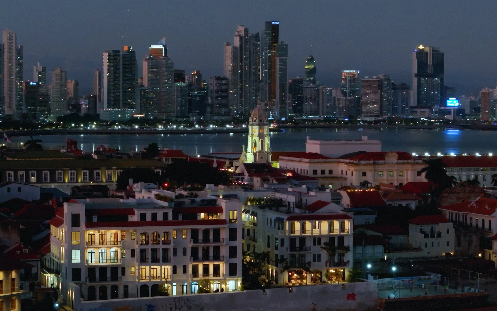 Casco Antiguo and the Panama City skyline at dusk