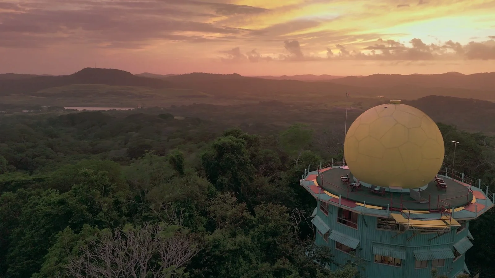 The Canopy Tower at sunset, aerial view